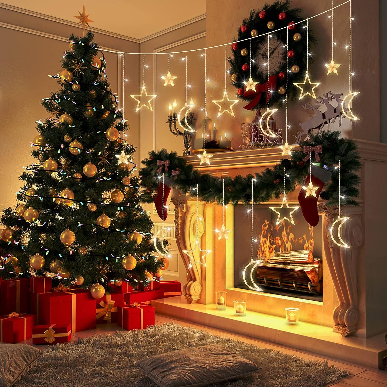 3.5m Star Moon LED Curtain Str - مراجعة Outdoor Power For Xmas Lights وسعره